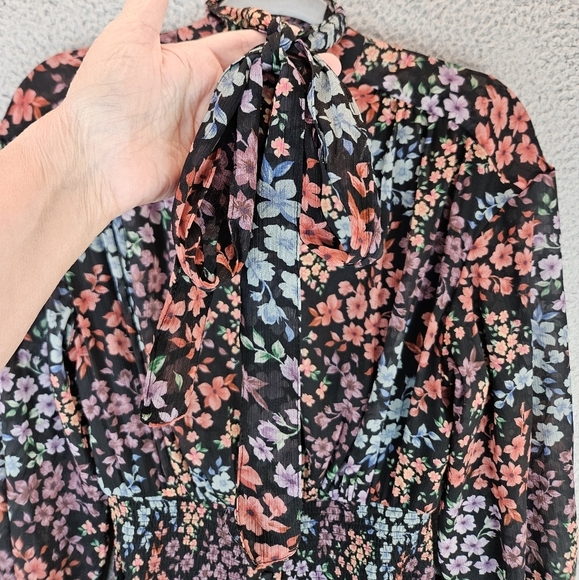 A.E. Studio Womens Floral Chiffon Full Button Front Mini Dress Sz M Black Purple - Picture 10 of 16